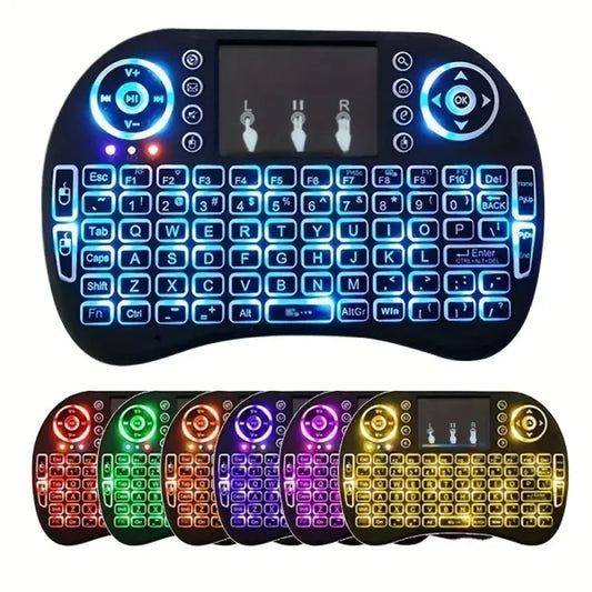 I8 Mini Wireless Keyboard with Touchpad – 7-Color Backlight, Plug & Play for TV & Projector