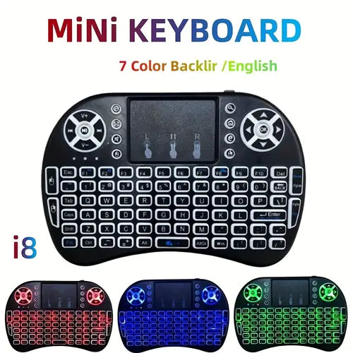 I8 Mini Wireless Keyboard with Touchpad – 7-Color Backlight, Plug & Play for TV & Projector