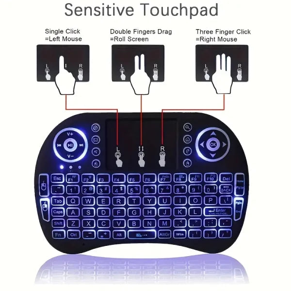 I8 Mini Wireless Keyboard with Touchpad – 7-Color Backlight, Plug & Play for TV & Projector