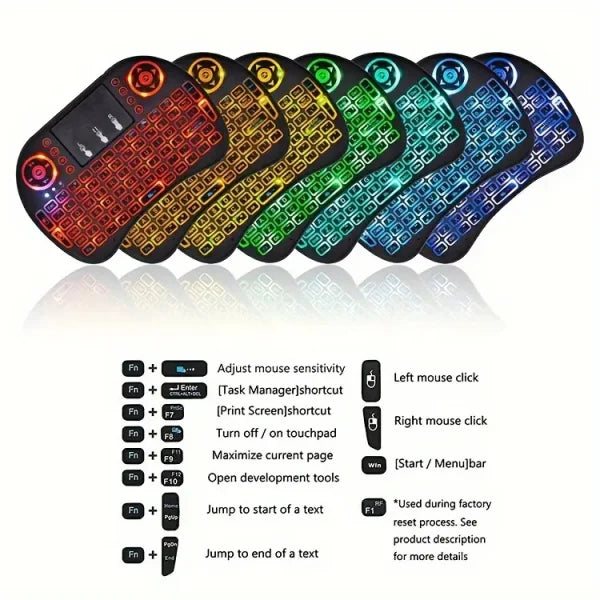 I8 Mini Wireless Keyboard with Touchpad – 7-Color Backlight, Plug & Play for TV & Projector