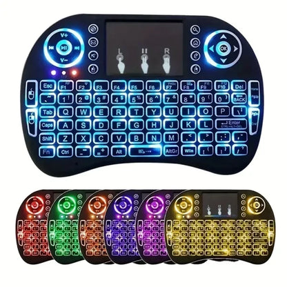 I8 Mini Wireless Keyboard with Touchpad – 7-Color Backlight, Plug & Play for TV & Projector