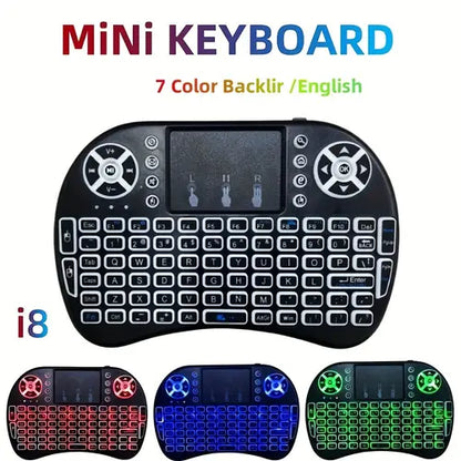 I8 Mini Wireless Keyboard with Touchpad – 7-Color Backlight, Plug & Play for TV & Projector